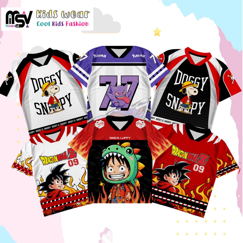Setelan Jersey Snoopy, Dragon ball, Gojo satoru, monkey d luffy , one piece Kartun Murah – Kaos + Ce