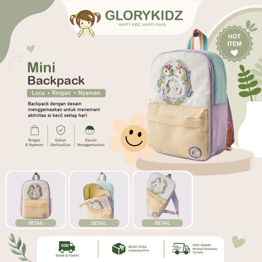 Tas Ransel Anak Perempuan Little Pony Lucu Import GLORYKIDZ BAB506 Sekolah TK PAUD Unicorn Pastel