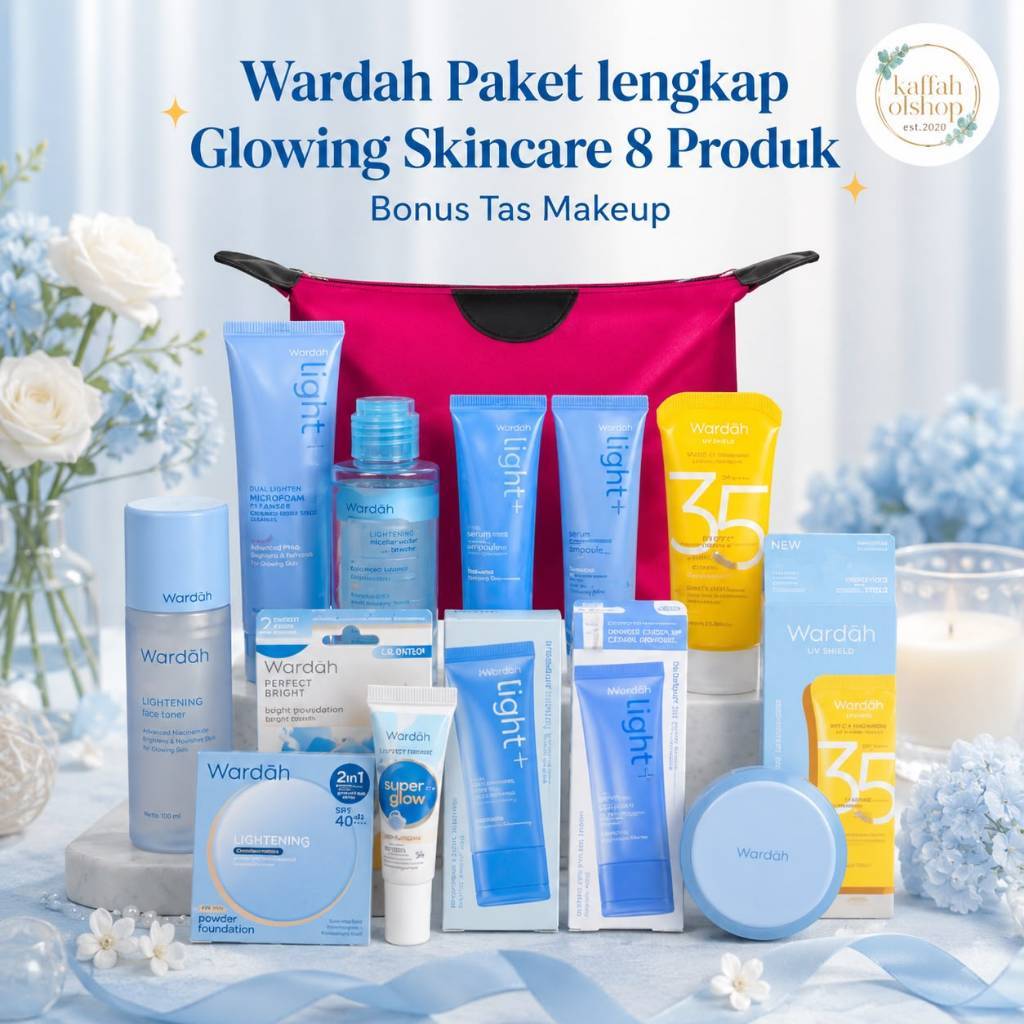 Wardah Paket lengkap Glowing Skincare 8 Produk Bonus Tas Makeup
