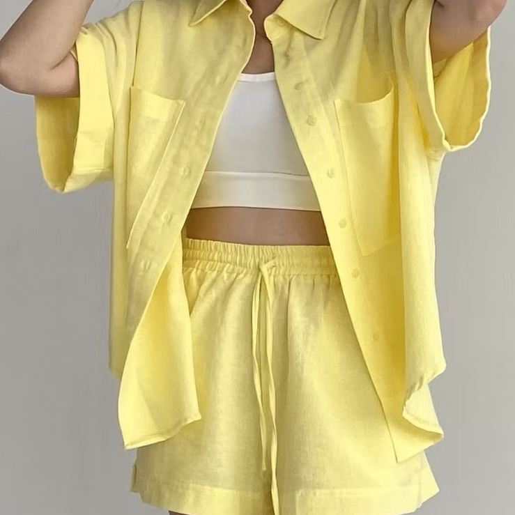 GINNA Premium Linen One Set Celana Pendek - Setelan Wanita Kekinian - One Set Wanita Korean Style