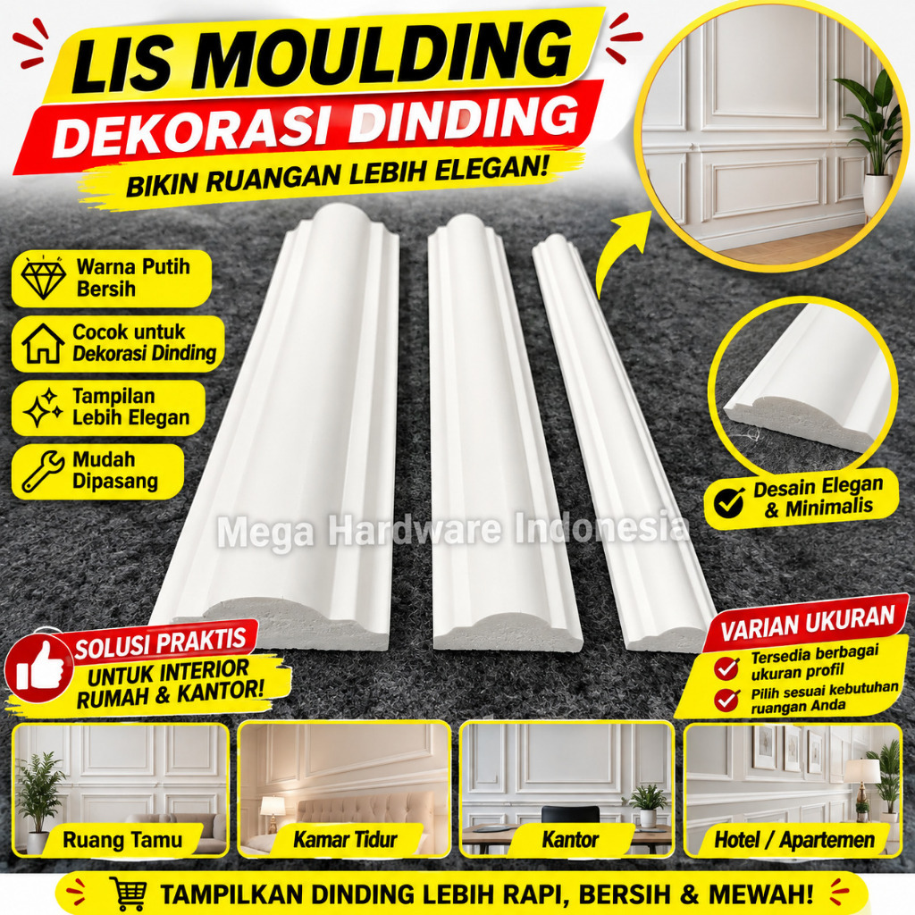 Lis Moulding Putih Dinding Dekoratif | List Moulding PVC Minimalis Ornamen Dinding Interior