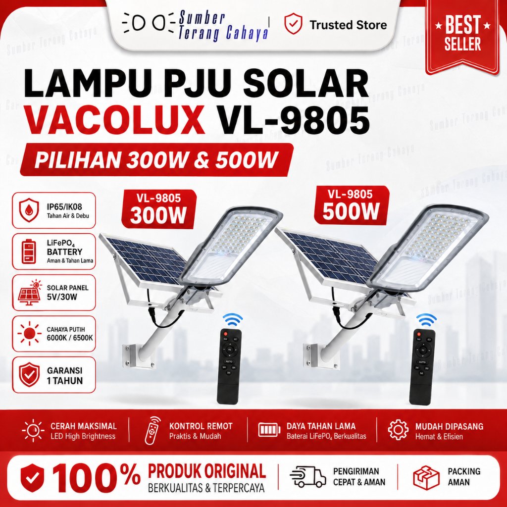 Lampu Jalan Solar LED PJU 300 Watt Merek Vacolux Include Solar Panel, Remote Control, dan Tiang