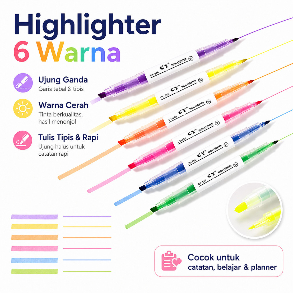 Spidol Highlighter 6 Warna Dual Tip Stabilo Pen Tebal Tipis Cepat Kering Untuk Catatan Belajar Plann