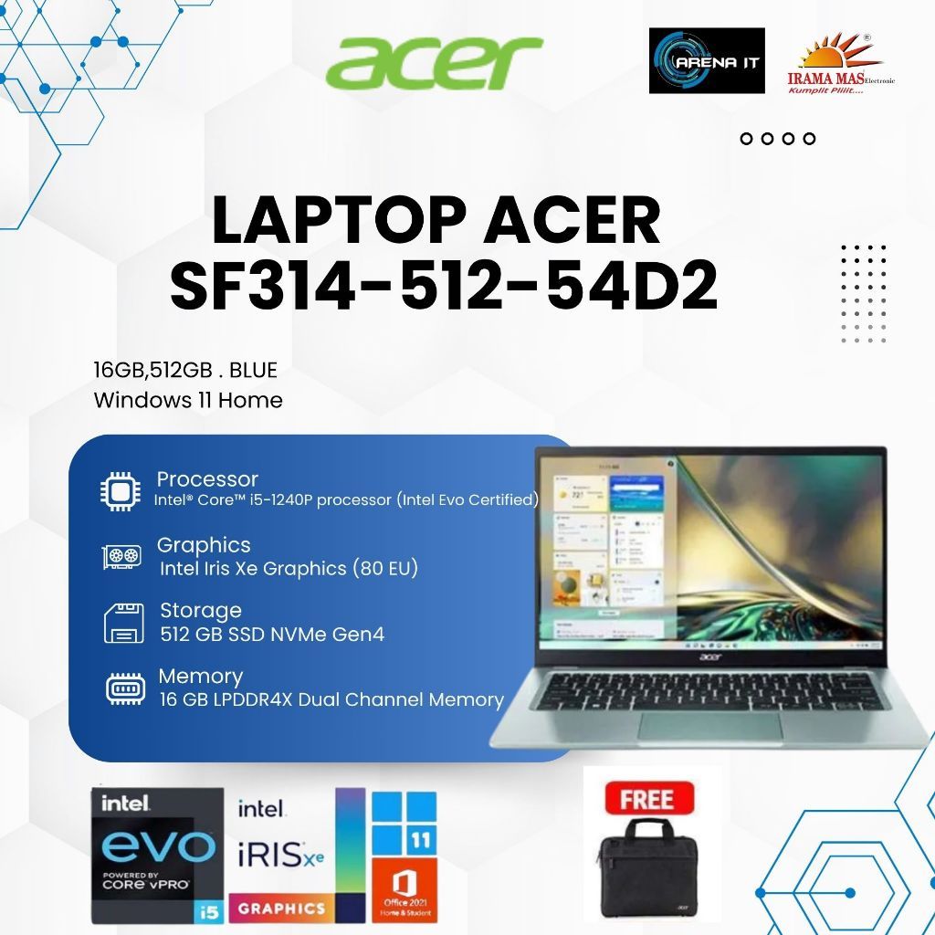 LAPTOP ACER SF314-512-54D2 |  14"QHD,i5-1240P,16G,512G,WIN11,Blue,NX.K7HSN.003