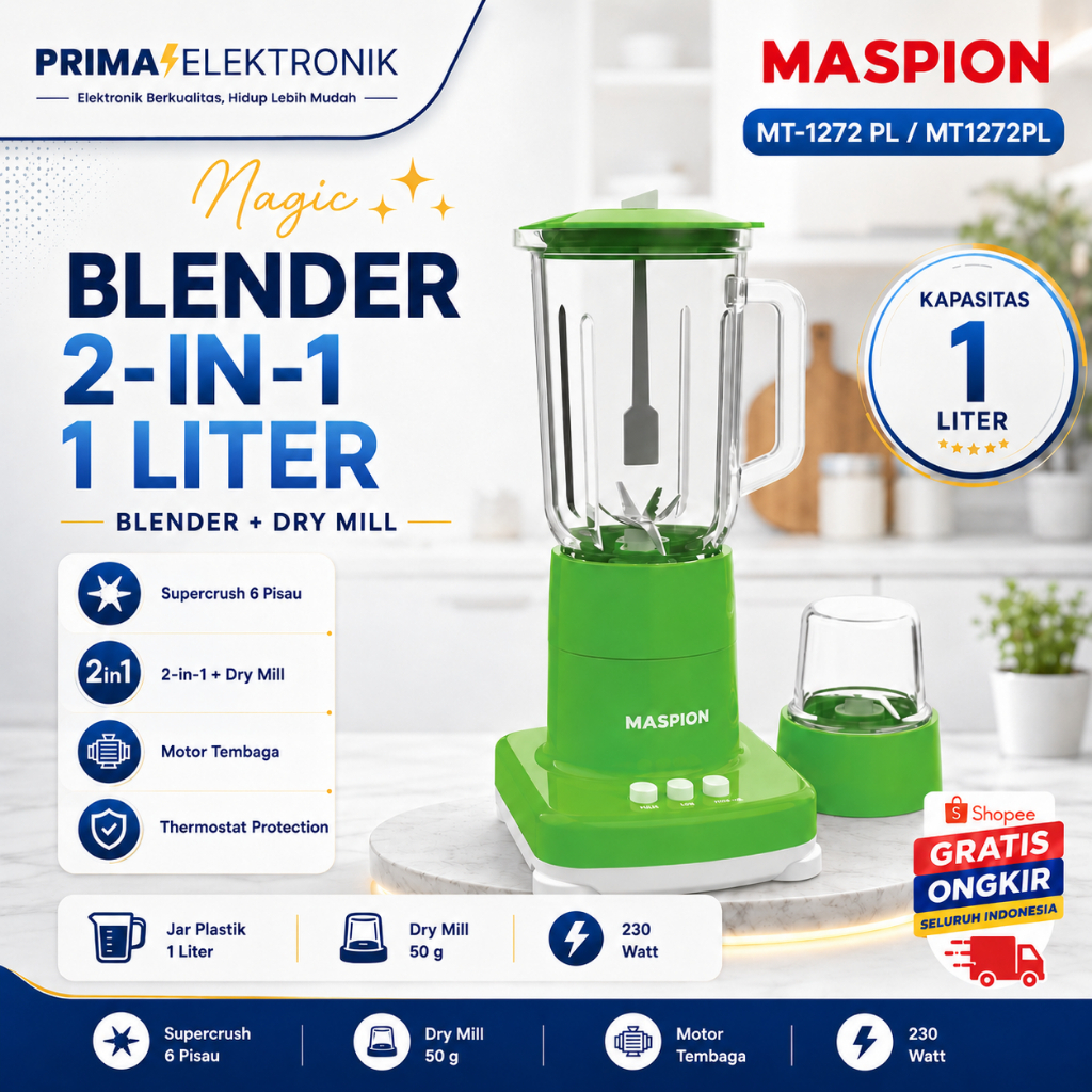 MASPION BLENDER 2IN1 MT 1272PL/Blender plastik 1Liter/MT1272PL/MT1272 PL/MT 1272PL/ORIGINAL/GARANSI