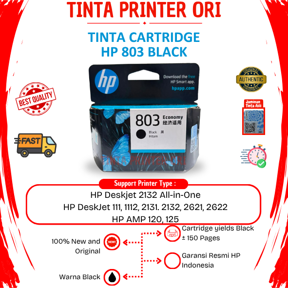 HP 803 Black Economy Cartridge Tinta Printer 1112 2132 2621 2622 Original Resmi