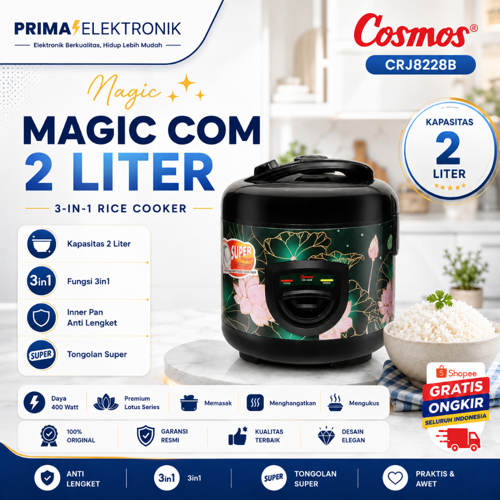 COSMOS RICE COOKER NON STICK CRJ8228B 2L/CRJ-8228B/CRJ-8228-B/CRJ-8228/ORIGINAL BERGARANSI RESMI