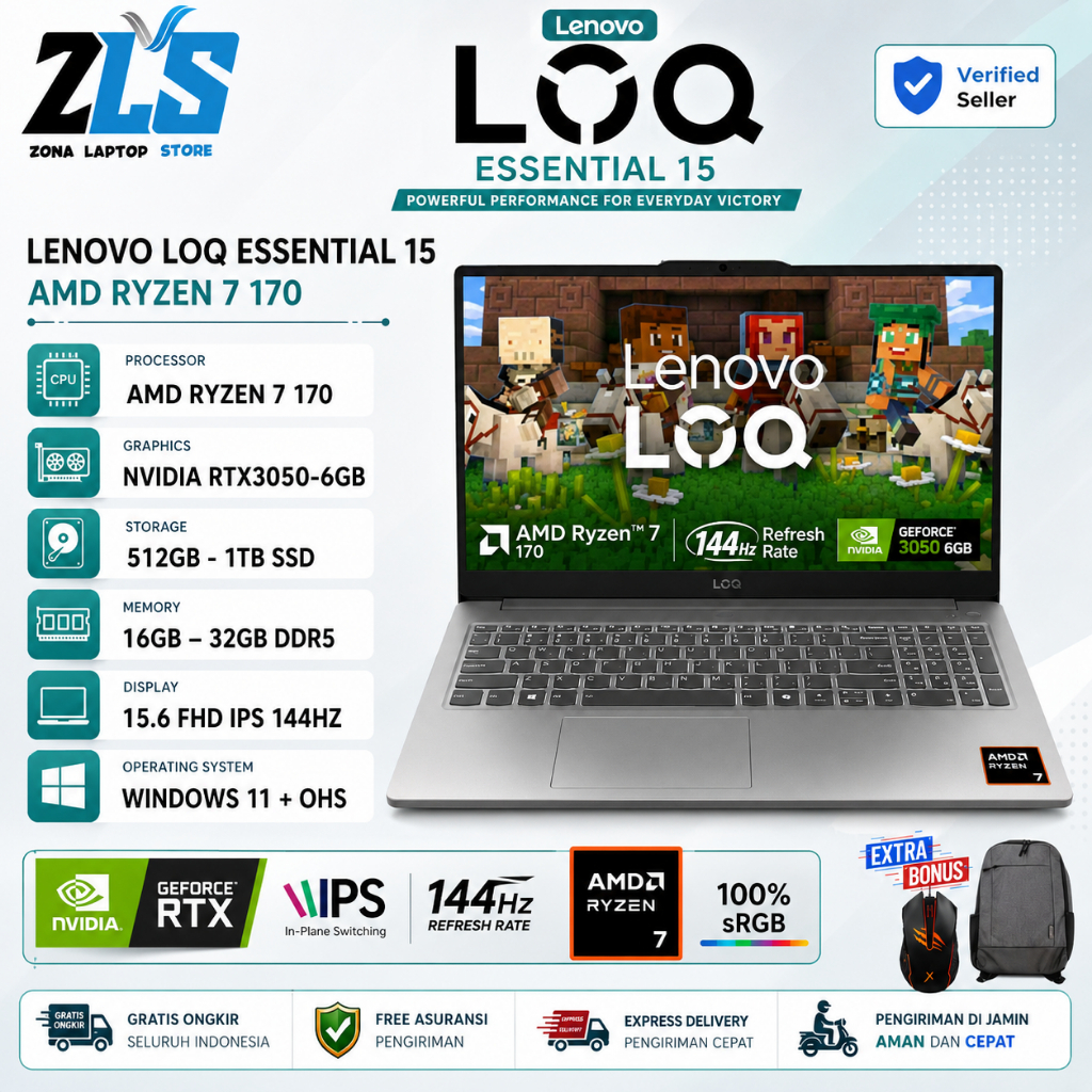 Lenovo LOQ Essential 15ARP10E D1ID Ryzen 7 170 RTX 3050 6GB 32GB DDR5 1TB 15.6 FHD 144Hz Win11 + OHS