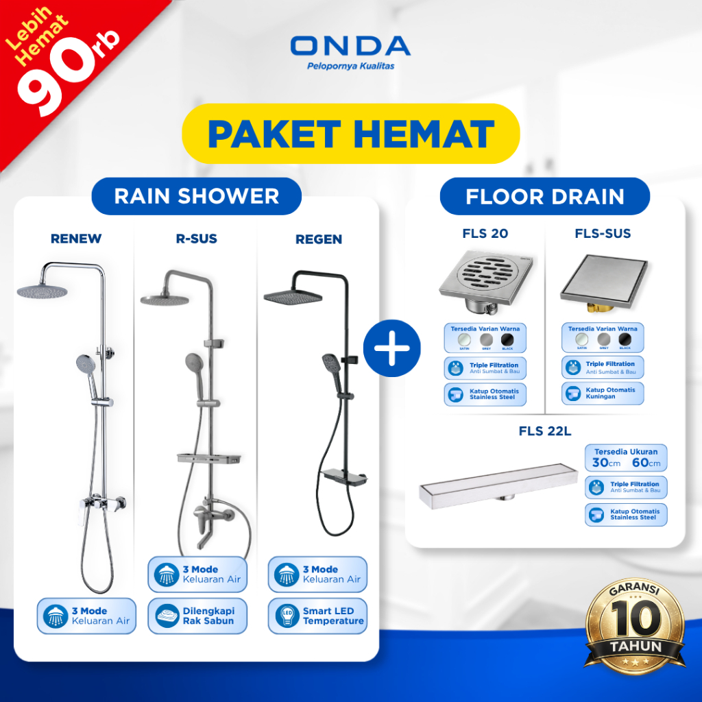 ONDA PAKET HEMAT Rain Shower Set Tiang Kran Panas Dingin Kamar Mandi + Floor Drain Anti Serangga