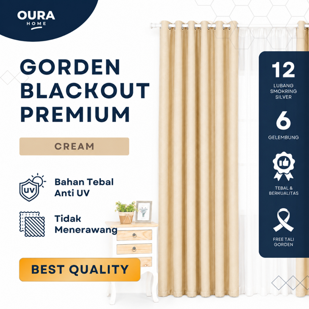 Gorden Blackout Cream Tirai Jendela Pintu Polos Smokring Tebal Mewah Elegan Anti Tembus Cahaya