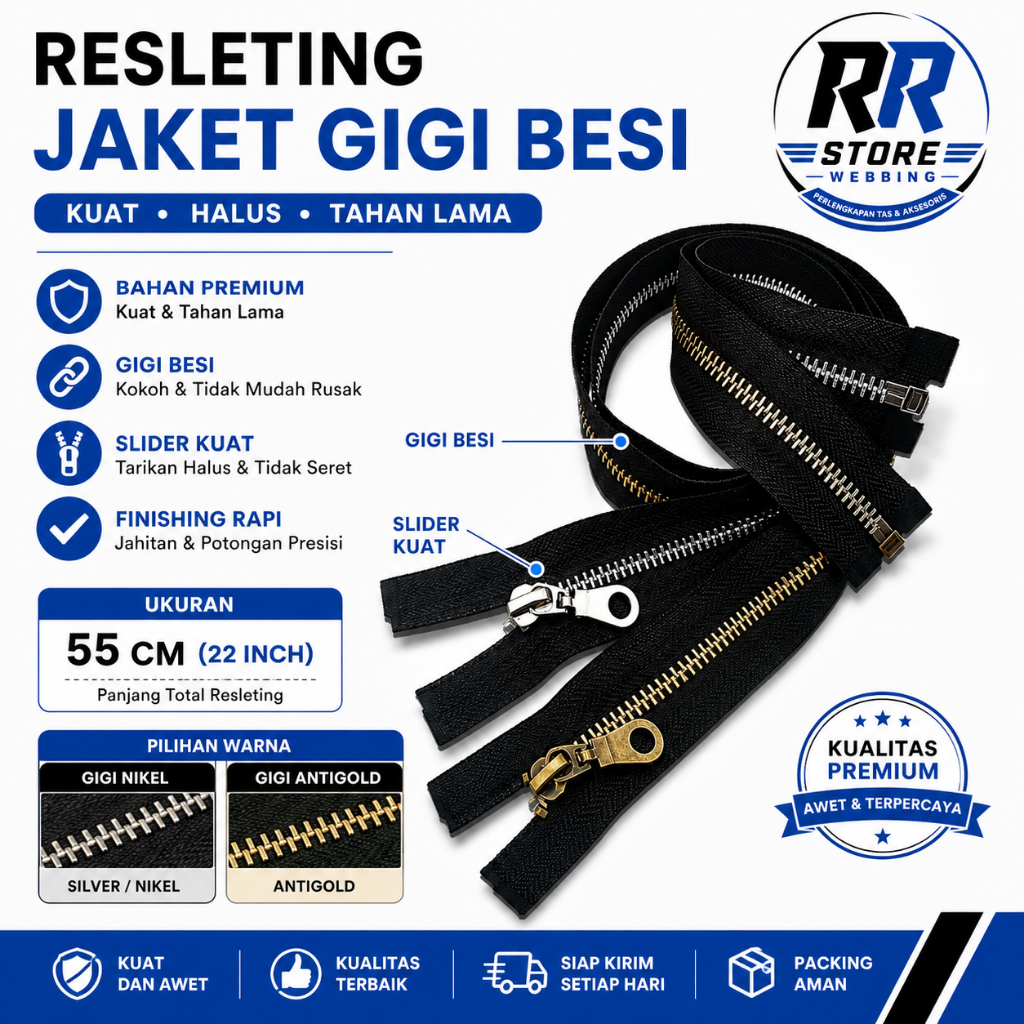 Resleting Jaket Gigi Besi 55 Cm / 22 Inch - Kuat Tebal Anti Macet Cocok Hoodie & Jaket