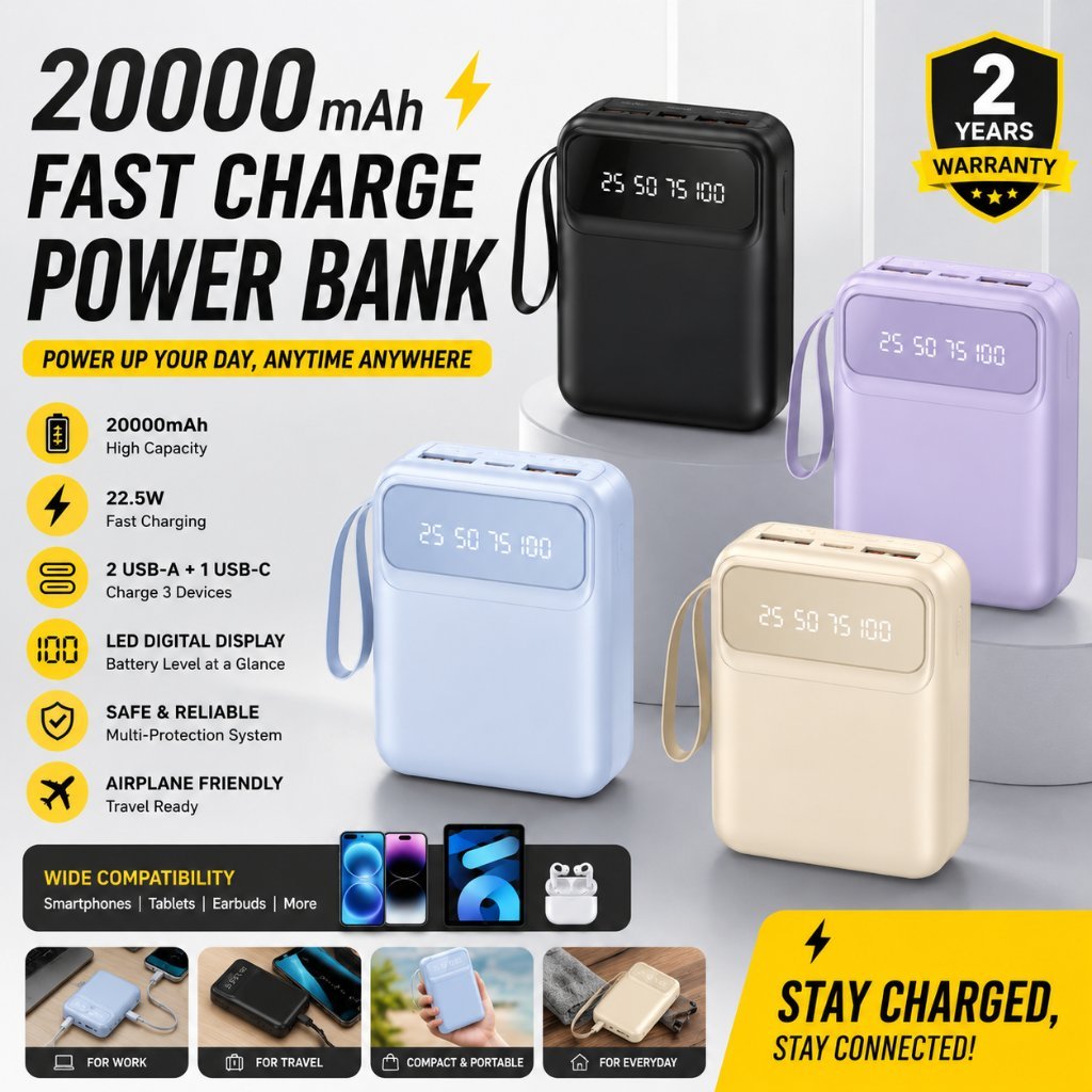 HZSUM LENTIVEN Powerbank 20000mAh Mini Fast Charging 4 Kabel Data USB DX498