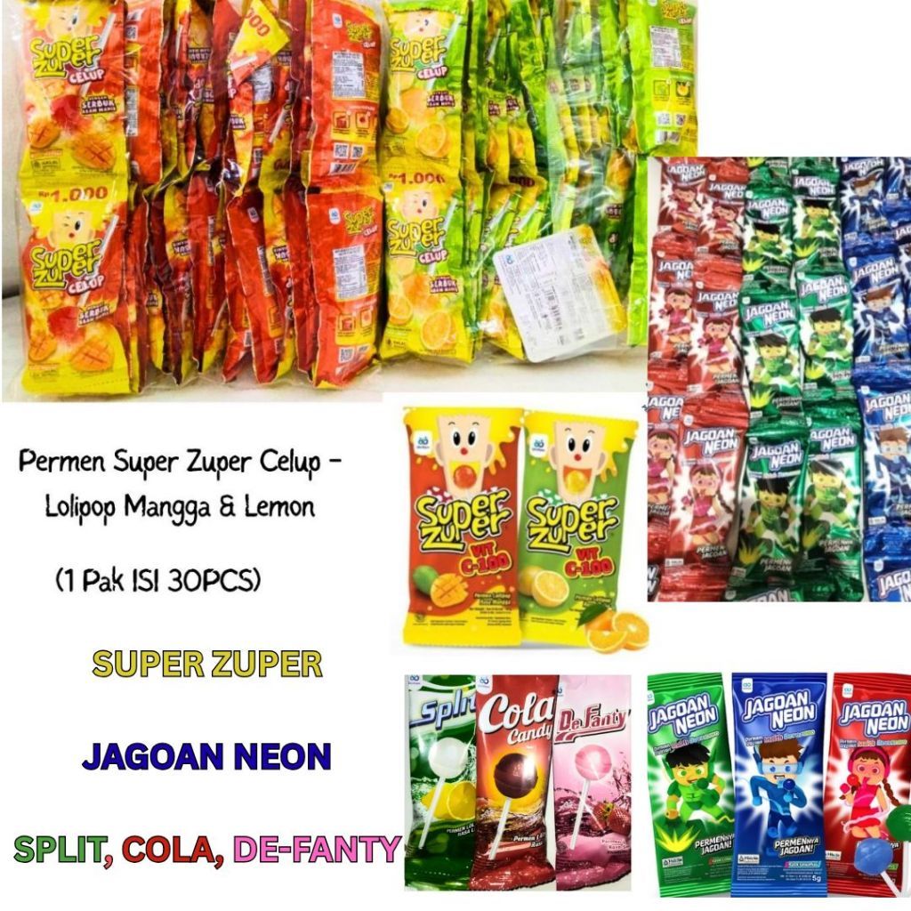 30pcs (1Pak) Permen Super Zuper Celup Lolipop Mangga & Lemon / JAGOAN NEON / COLA SPLIT DE FANTY LOL