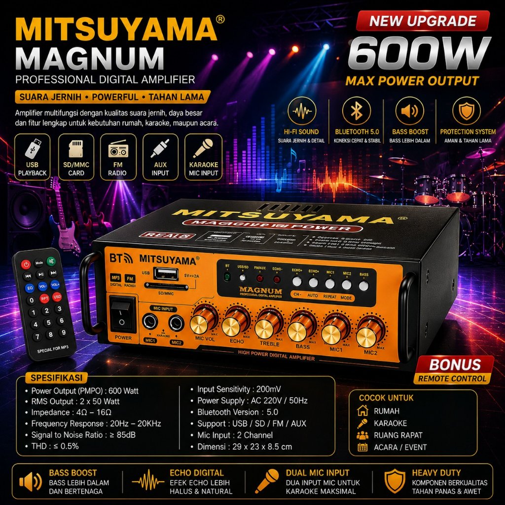Mitsuyama Ms-4020bt Magnum Amplifier Audio 600w Stereo Karaoke Bluetooth Usb Fm Hifi Dc 12v - Ac 220