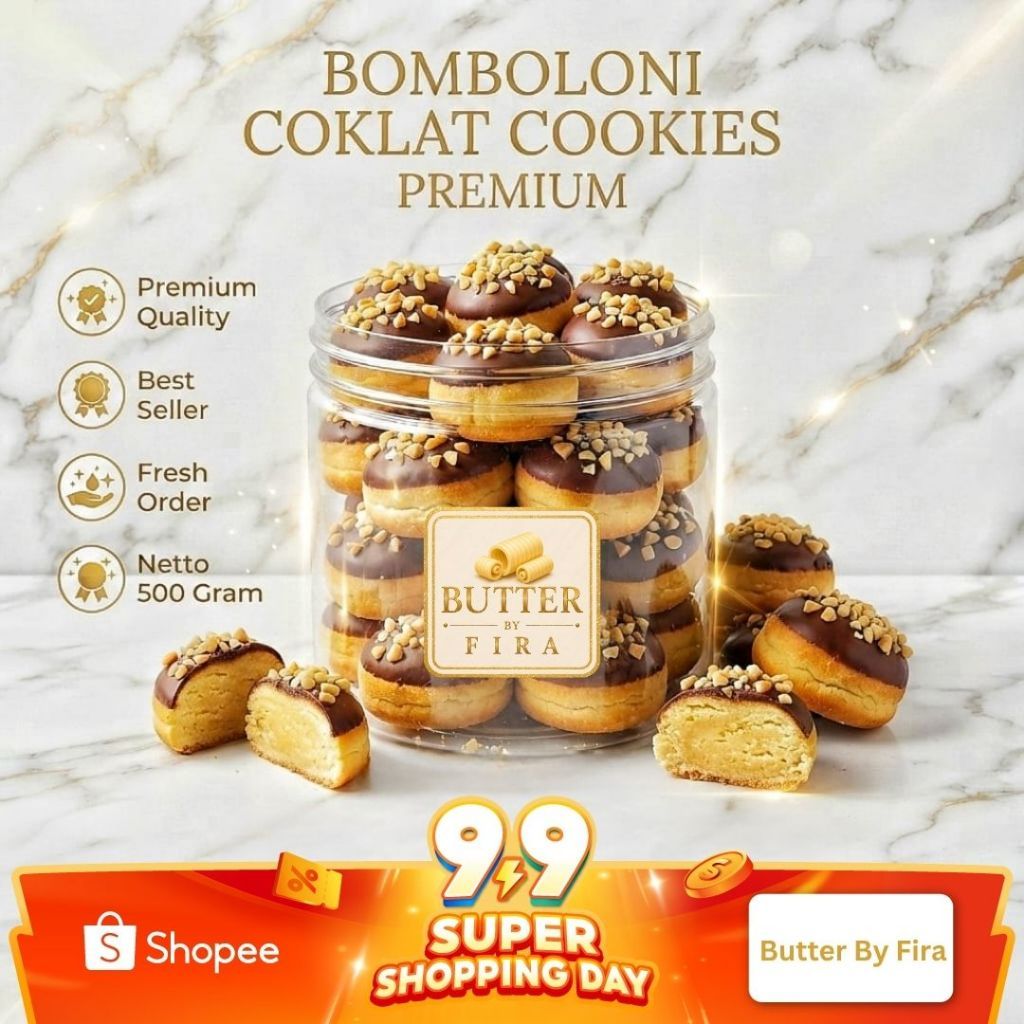 Bomboloni Cookies 500g Kue Kering Isi Cokelat Lumer Renyah Manis Camilan Lebaran Premium Toples