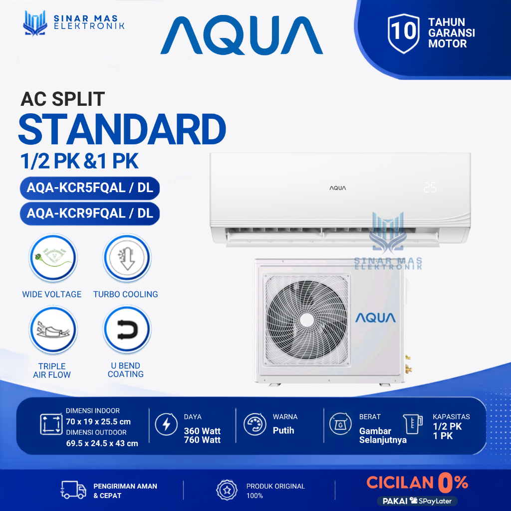 AQUA - AC SPLIT 1/2PK  (AQA-KR5FQAL/DL ) / AC 1PK (AQA-KR9FQAL/DL) | AIR CONDITIONER AQUA 1PK DAN 1/