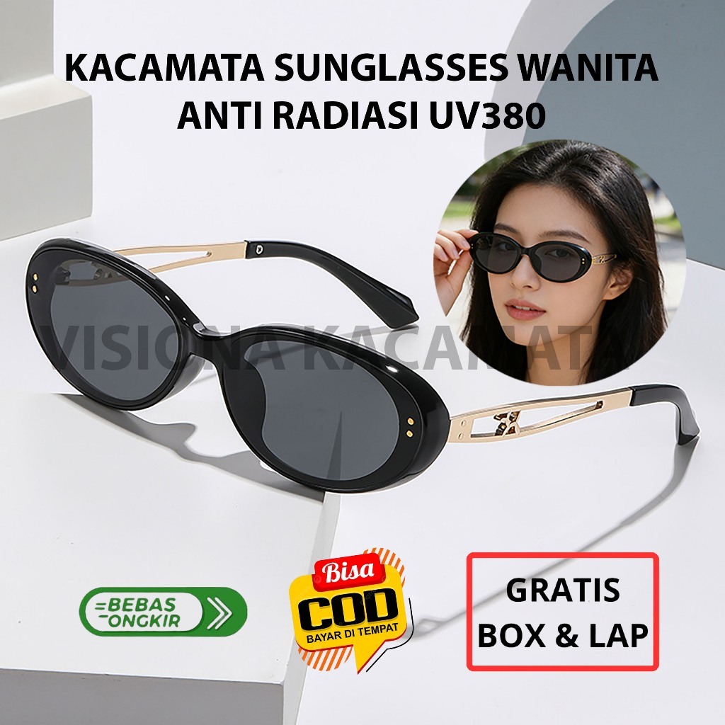Kacamata Hitam Oval Sunglasses Wanita Anti Radiasi UV380 Model Cat-Eye Retro Eyewear - 6138
