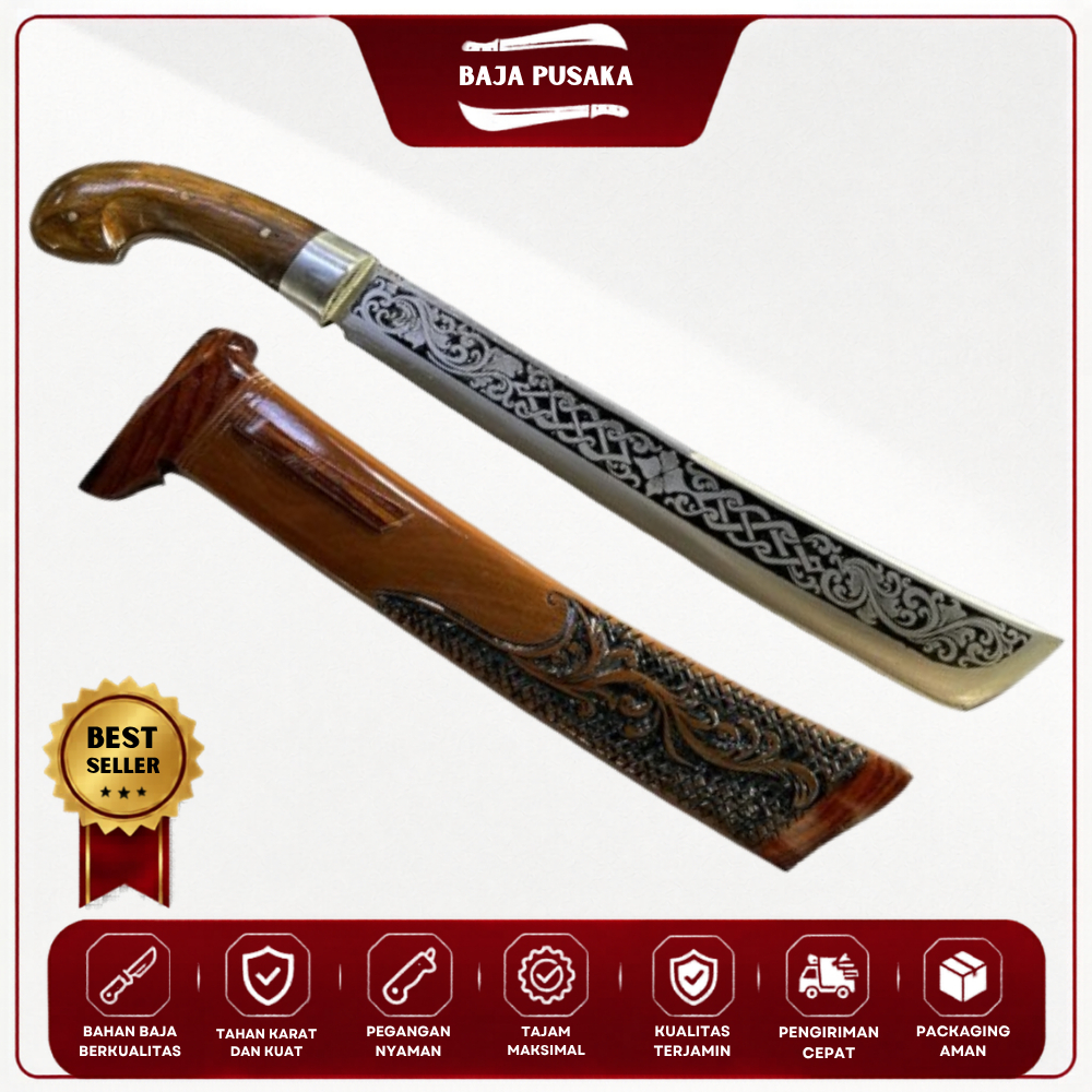 Golok Kebun Kopak Rawing Baja Per Asli Kayu Rasamala Ukir Perkakas Berkebun | Kode 28