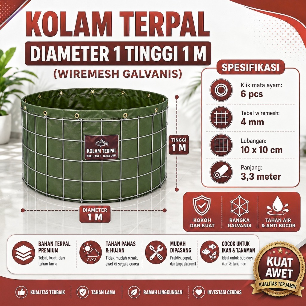 Kolam Terpal Bioflok Bulat Diameter 1M 1,5M 2M Tinggi 1M Kolam Ikan Lele Nila Gurame Koi Patin Mujai