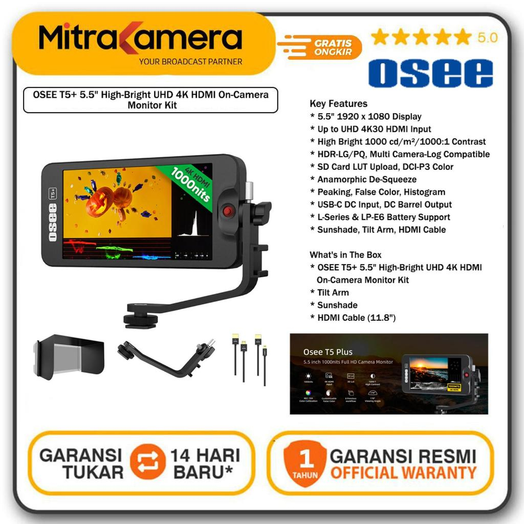 OSEE T5+ 5.5" High-Bright UHD 4K HDMI On-Camera Monitor Kit
