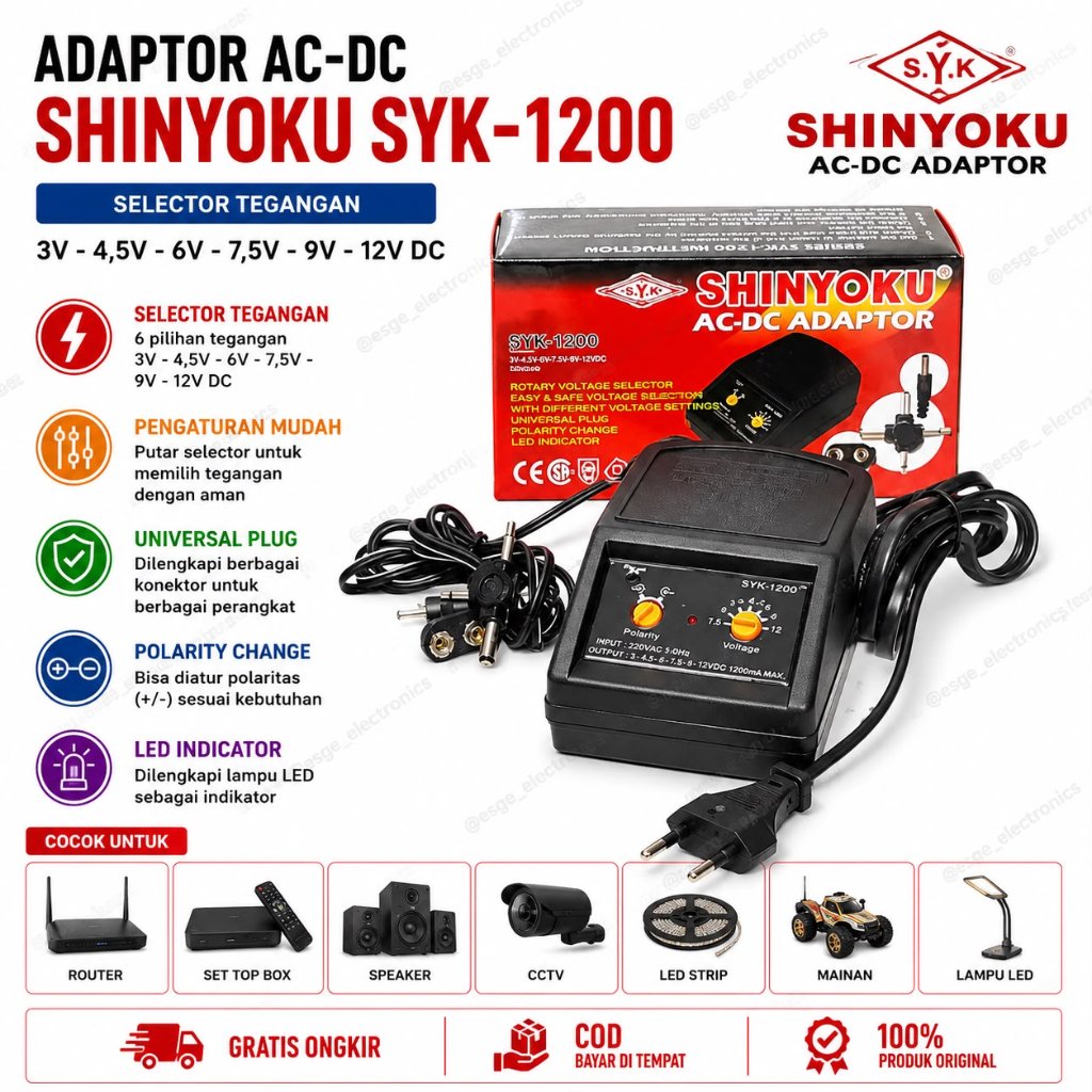 ORIGINAL ADAPTOR SHINYOKU 1200MA SYK-1200 AC-DC ADAPTOR SHNYOKU