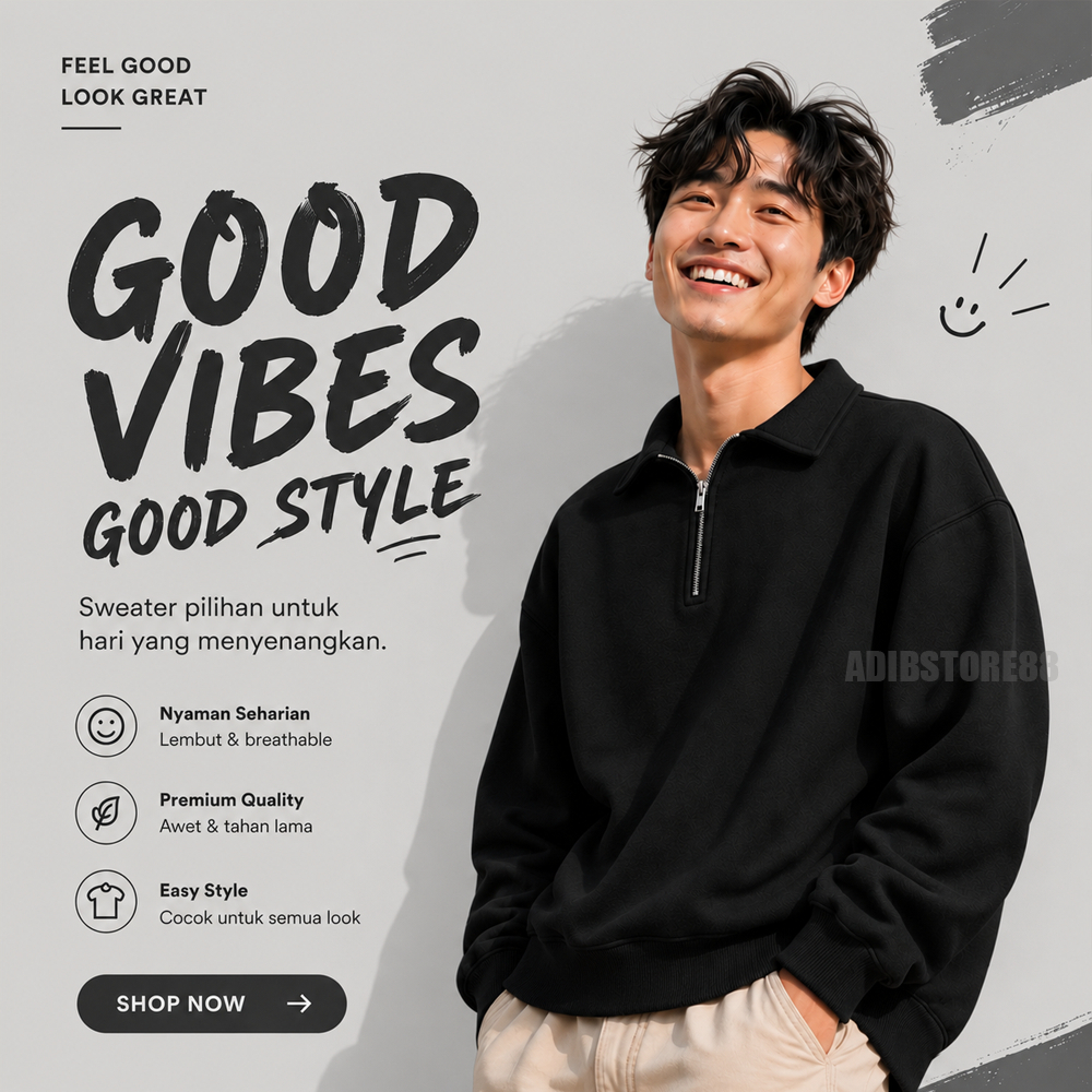 Rugby Half Zipper Crewneck Jaket Sweater Unisex Pria Wanita Warna Hitam