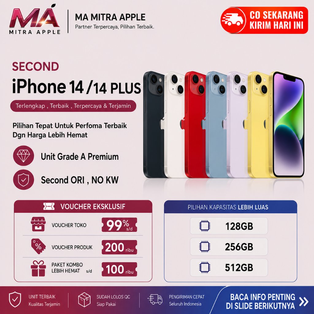 All Sim iPhone Second 14 14 PLUS 128GB 256GB Ori NO Rekon NO Refurb Fisik Mulus Like New dan Bergara