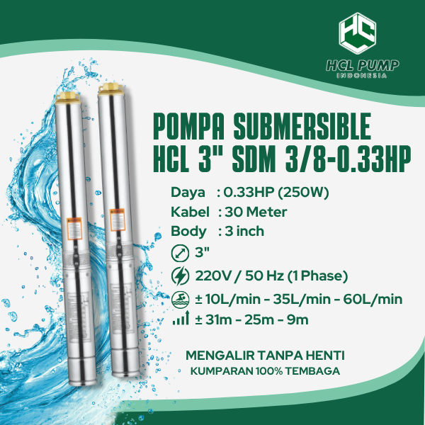 Submersible PUMP HCL 3'' 0.33 HP + Control Box + Kabel 30 Meter / Pompa HCL Kabel 30 Meter / Pompa S
