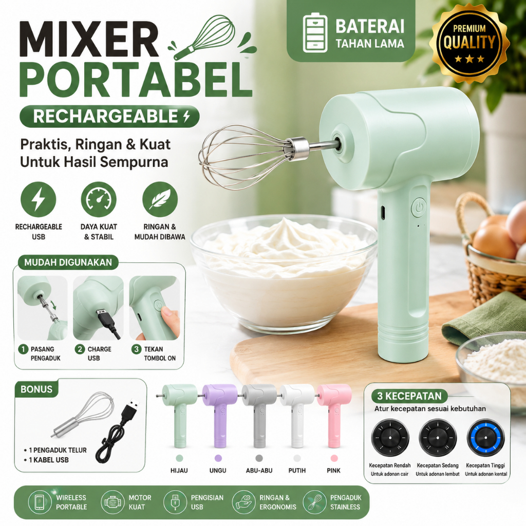 hand Mixer Mini 3 kecepatan yang dapat diatur, mixer tangan tanpa kabel, mixer adonan kue elektrik