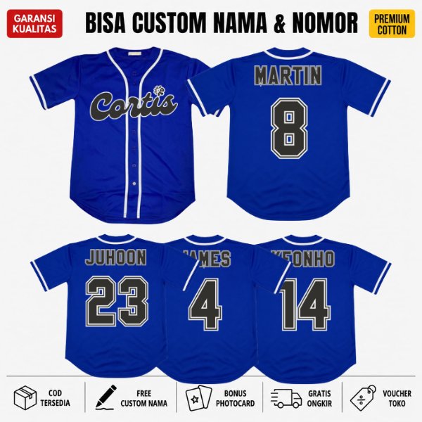 Jersey Baseball Cortis Custom Nama & Nomor Premium Cotton Biru