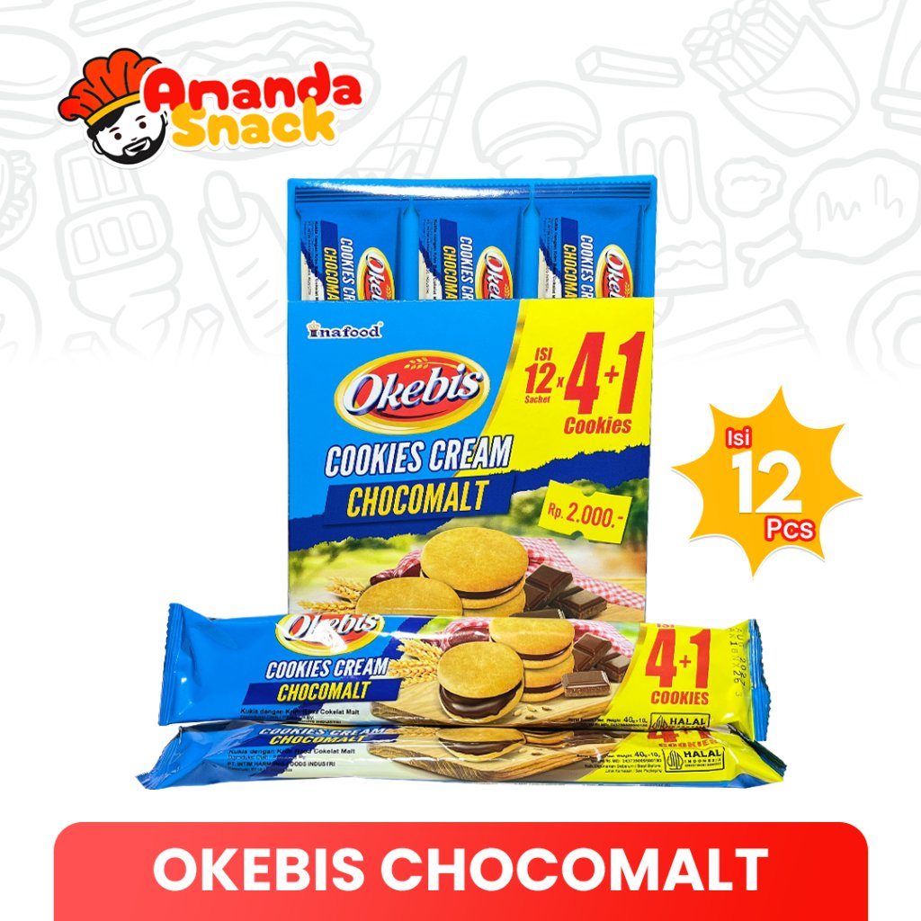 Biskuit Kelapa Cream Rasa Chocomalt Okebis - Cookies Cream 1 Box Isi 12 Pcs Untuk Cemilan Anak dan D