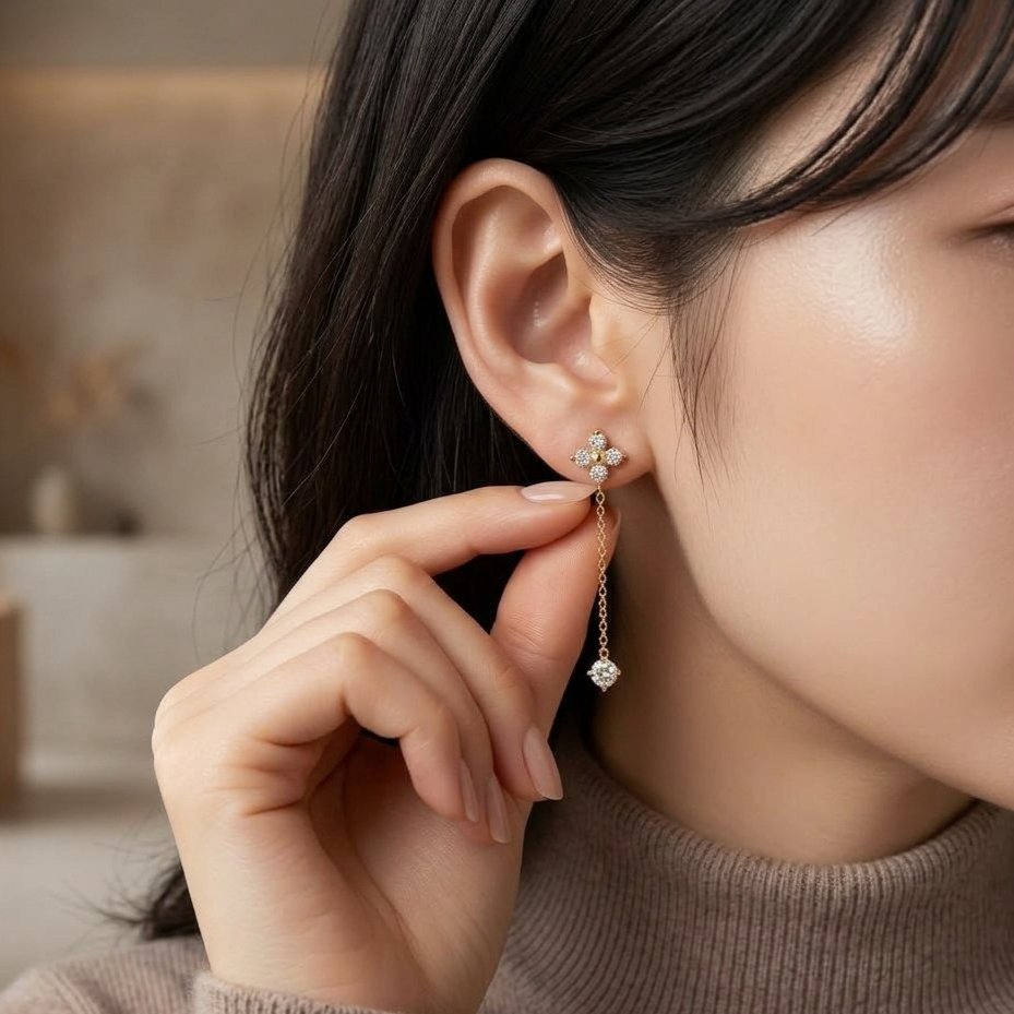 Anting Bunga Juntai Mata Putih Alfira Titanium Gold Anting Jurai Juntai Panjang - Perhiasan Aksesori