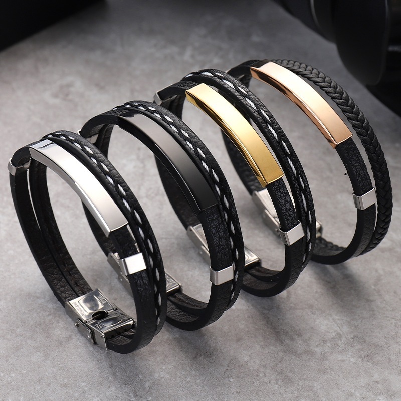 Aineed | Gelang Pria Kulit Tali Garis Putih - Gelang Kulit Stainless - Gelang Cowo - Gelang Stainles