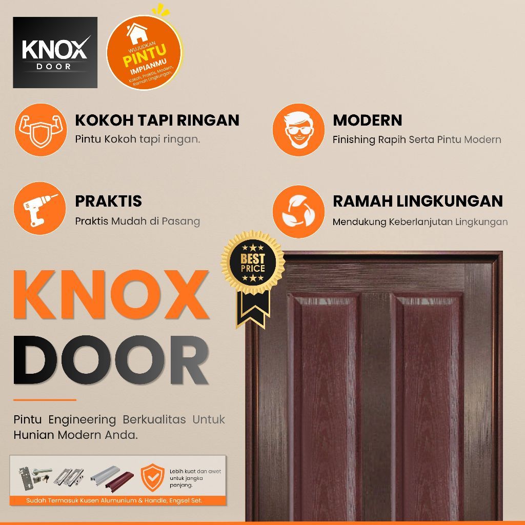 PINTU KNOX HDF SERIES COMO BROWN FULL SET l 36x820x2100mm l KUSEN ALUMUNIUM