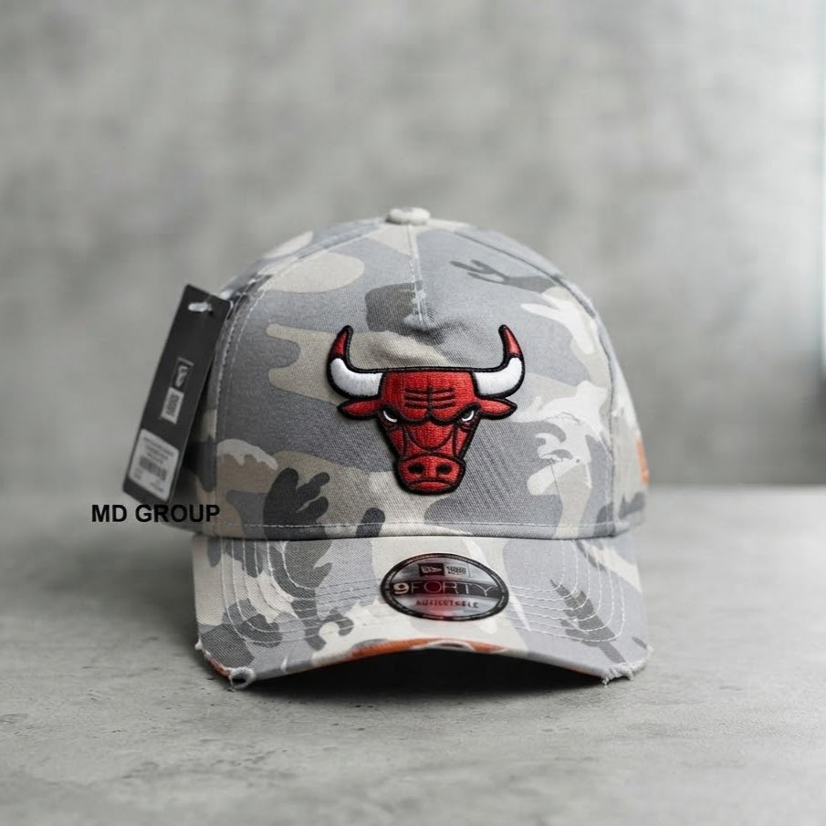 Topi Baseball Chicago Bulls Camo camouflage Grey Army Cap Distressed  / Topi Pria Wanita Import