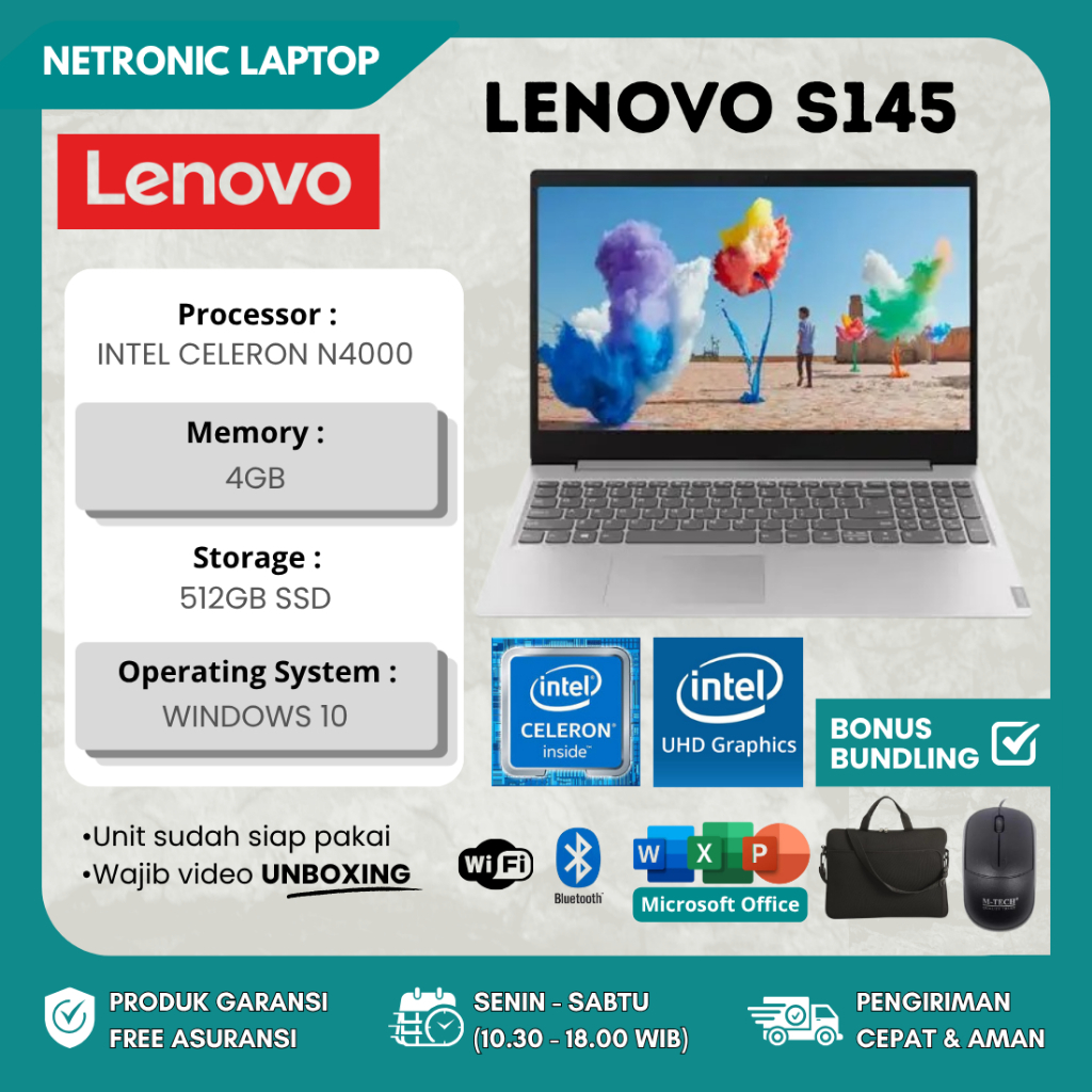 LENOVO S145 INTEL CELERON N4000 4GB SSD 512GB 15.6" HD Windows 10