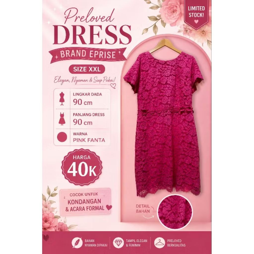 Dress Preloved Brand Eprise Size XXL Warna Pink Fanta Lace untuk Kondangan dan Acara Formal