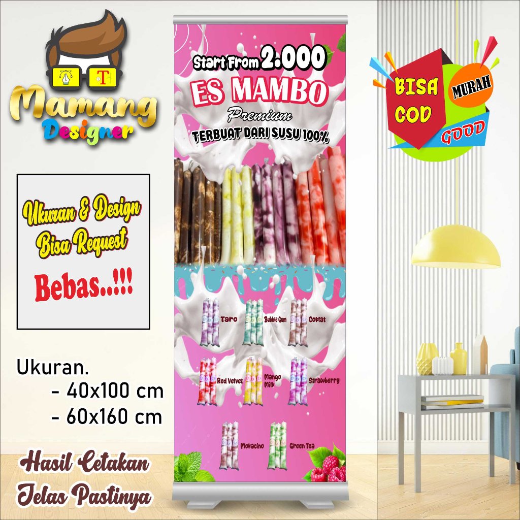 Spanduk Banner Custom Jualan Es Mambo Jajanan Kekinian Bagus