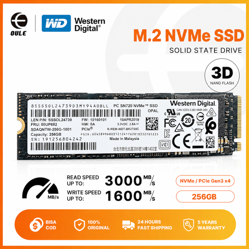 SSD NVMe WD-SN720  M.2 2280 256GB 3000MB/s Garansi 3D NAND TLC untuk Laptop PC