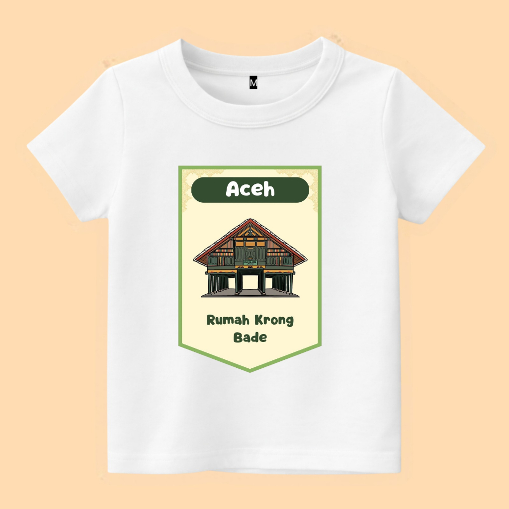 baju kaos anak gambar rumah adat Aceh