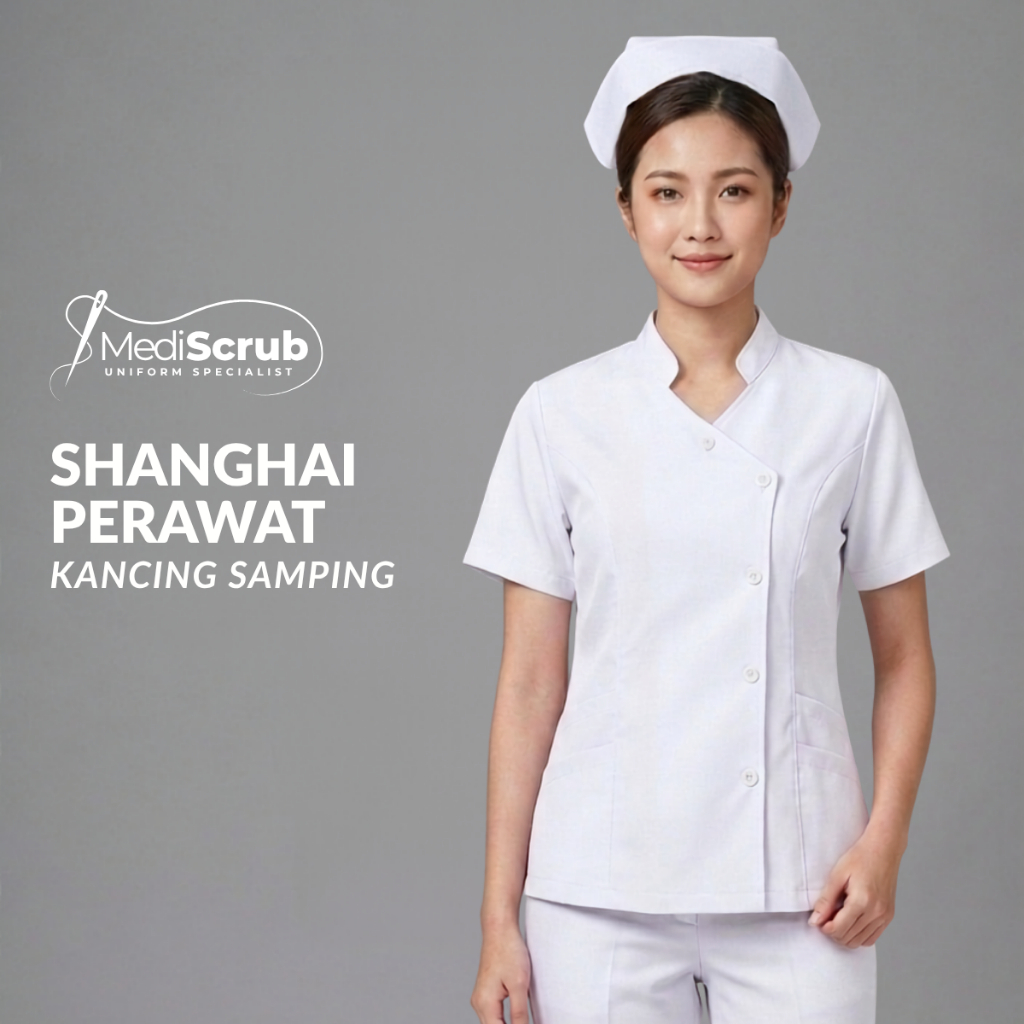 MEDISCRUB - SCRUBS KERAH SHANGHAI PUTIH UNION DRILL - Baju Jaga OK Dokter Perawat Medical Uniform