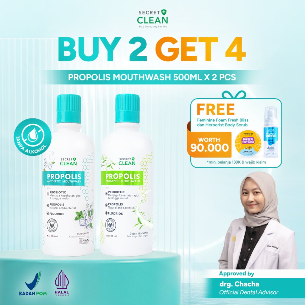 [2 pcs] Secret Clean Paket Propolis Antiseptic Mouthwash 500ml Mix (Green Tea Mint - Peppermint) / O