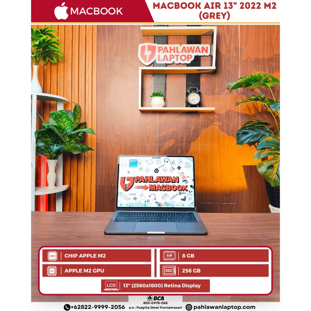 APPLE MACBOOK AIR 13" 2022 M2 Chip APPLE M2 /RAM 8 GB/SSD 256 GB/Ukuran Layar 13"