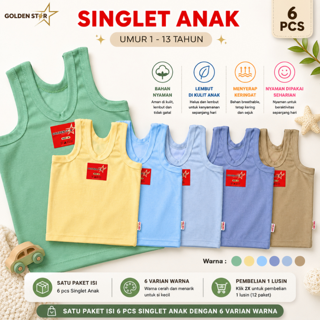 6 Pcs Golden Star Singlet Anak Cowok & Cewek Mix Warna / Kaos Dalam Anak, Kaos Kutang, Tanktop Anak 
