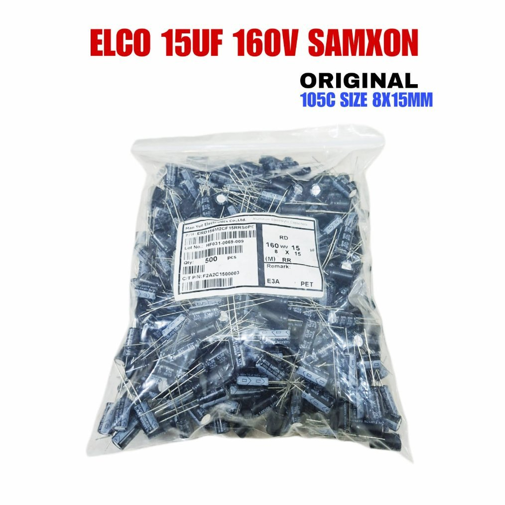 500X ELCO 15UF 160V ORIGINAL SAMXON - ROSH SIZE:8X8X15MM KAPASITOR ELKO 15UF 160V - DAPAT 500 PCS