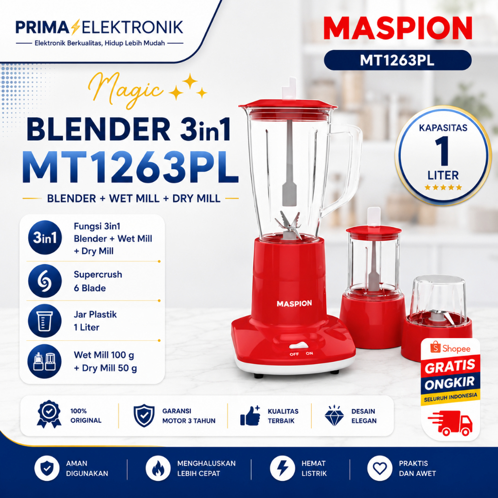 BLENDER 3 IN 1 MASPION MT 1263 PL 1 Liter/MT1263PL 1Liter/MT-1263-PL-1Liter/MT 1263 PL 1L/ORIGINAL