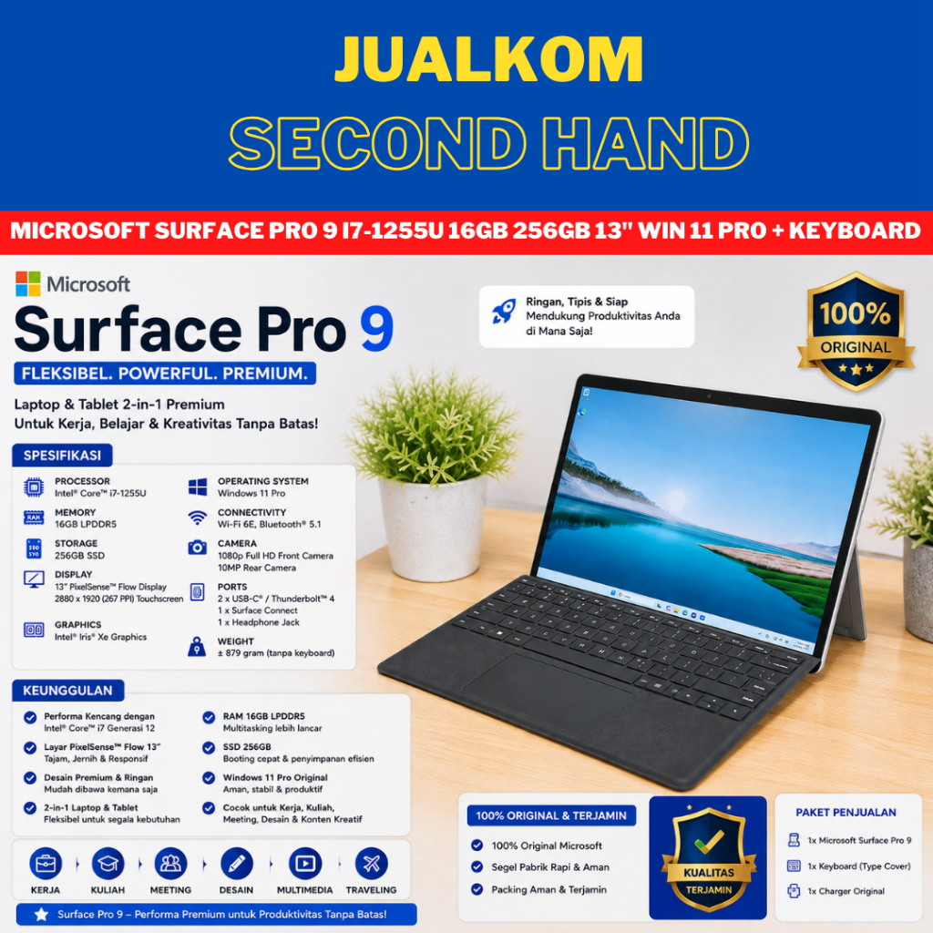 Laptop Second Berkualitas Laptop Bekas Microsoft Surface Pro 9 Core™ i7-1255U RAM 16GB SSD 256GB 13"