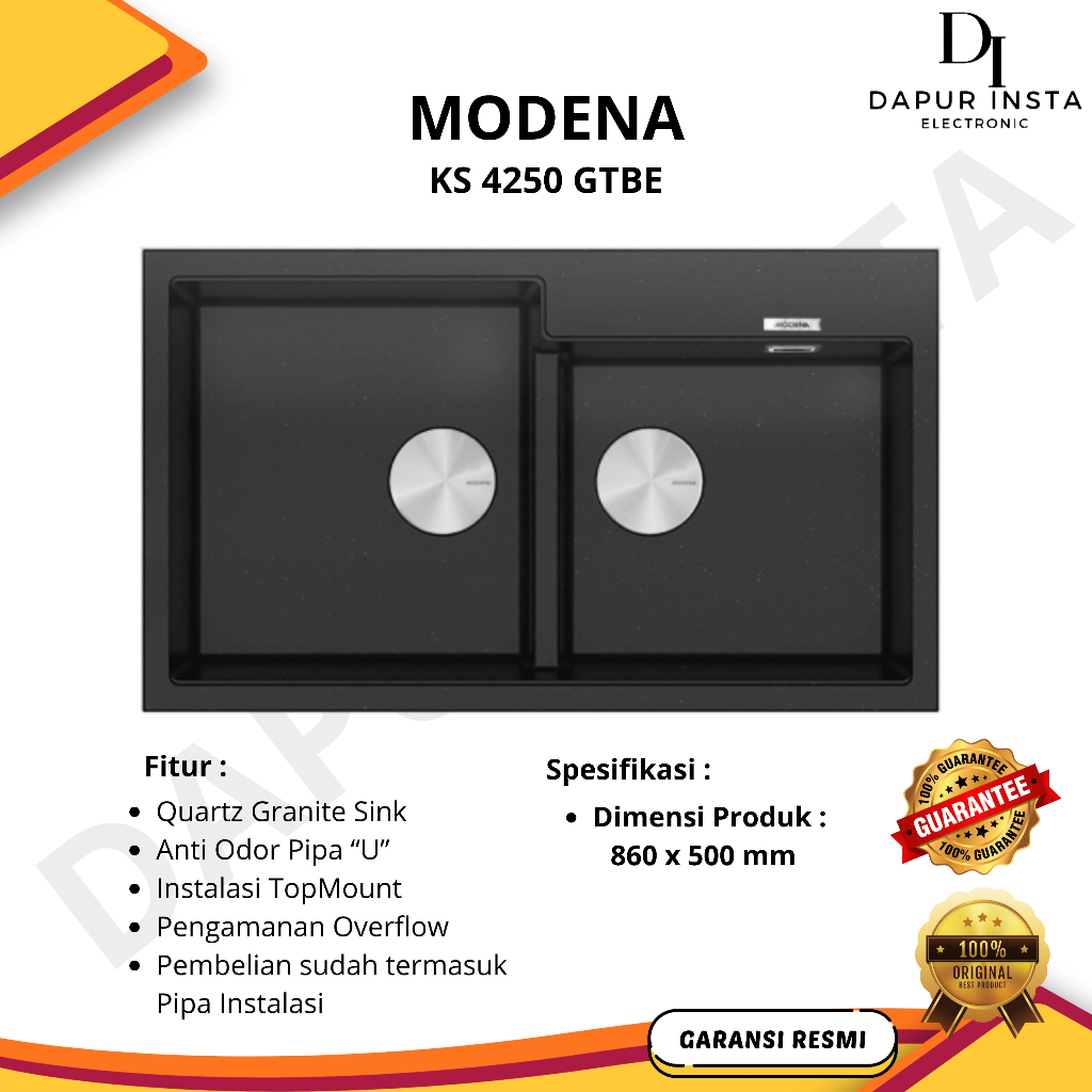 Modena Quartz Granite KS 4250 - Kitchen Sink - Bak Cuci Piring 2 Lubang Persegi - 2 Bowl Topmount wa