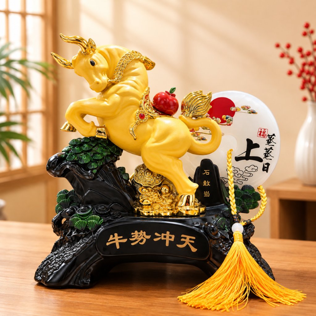 34cm Patung Emas Shio Kerbau Emas Yuanbao Fengshui / Pajangan Shio Kerbau Kayu / Dekorasi Rumah Bant