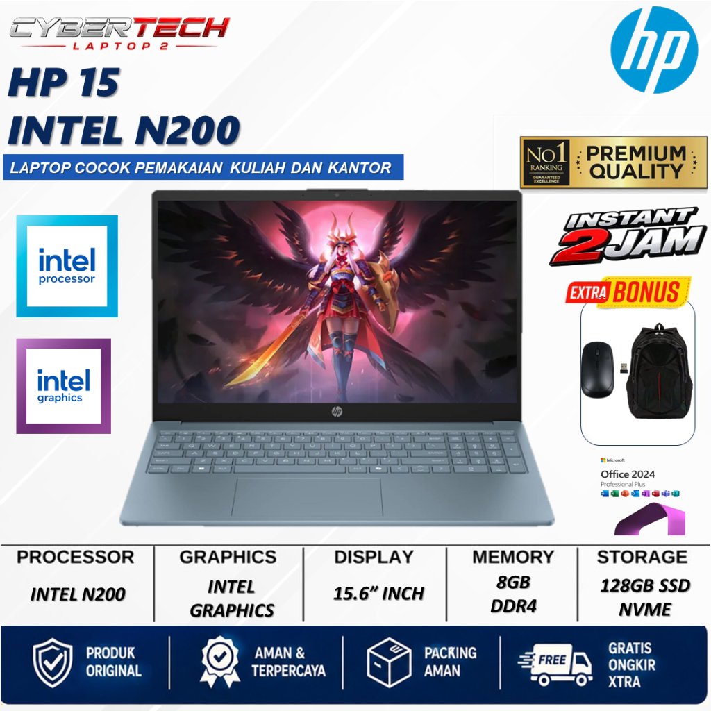 Laptop baru Hp 15 Intel N200 Ram 8GB SSD 128GB 15,6 INCHI Windows 11 Original Terbaru